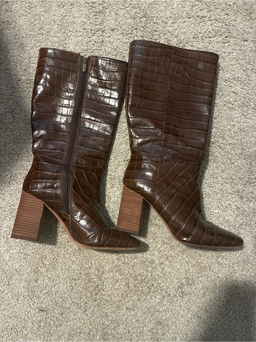 Vince Camuto Brown Croc-Embossed Mid-Calf Block Heel Boots